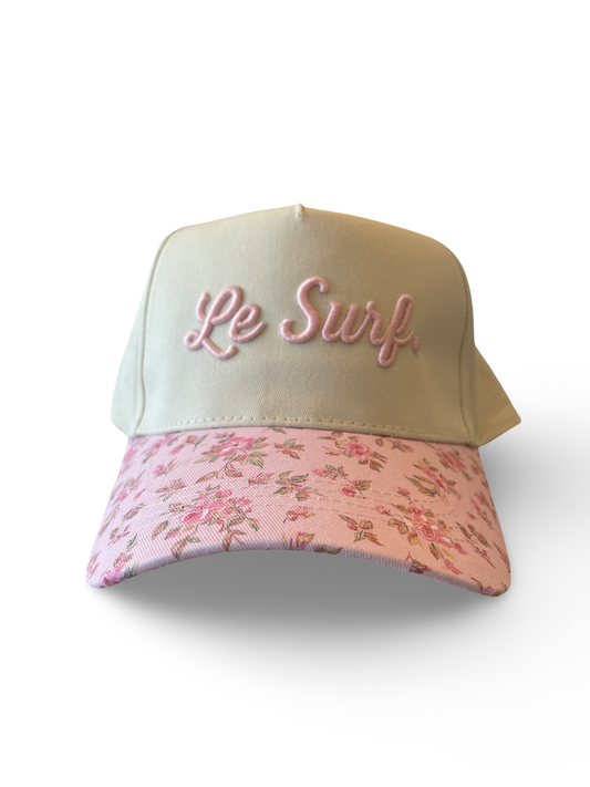 Le Surf Hat Floral Round Brim ( Cream / LRG Pink Cursive Logo)